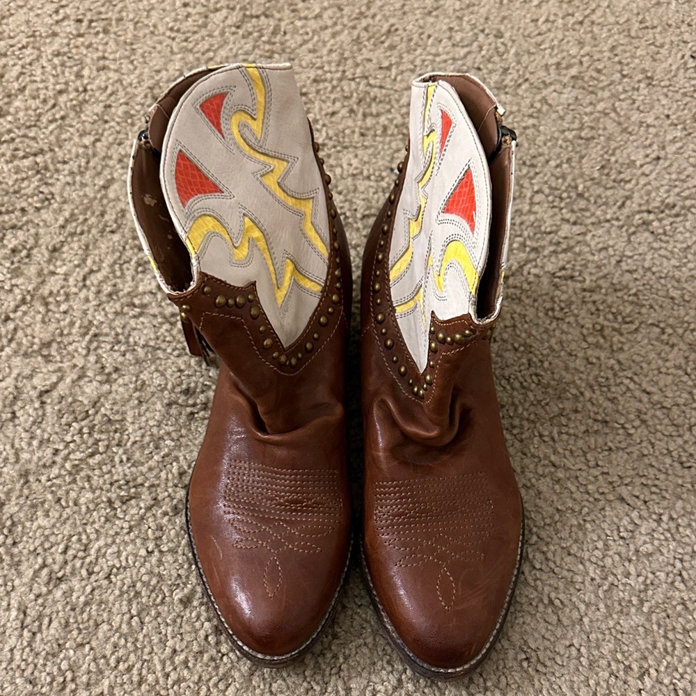 Sam Edelman Brown Leather Western Ankle Boots with Cream, Yellow & Coral Insets